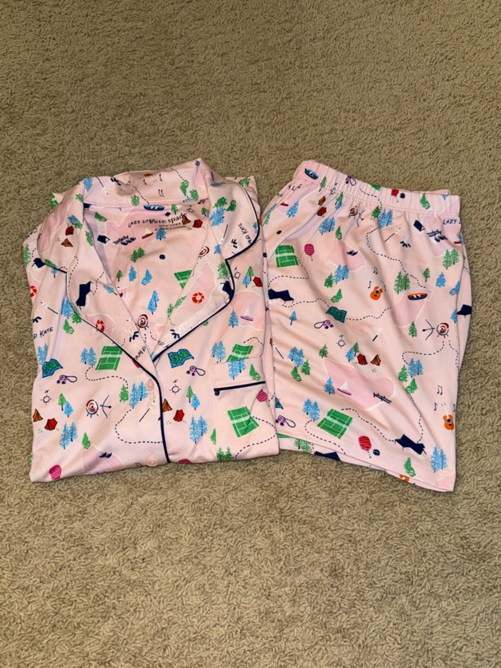 kate spade Pink Camping Print Pajama Set with Navy Piping